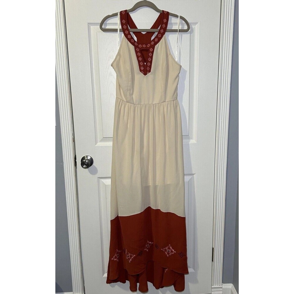 Soieblu Dress Women's Large Beige Rust Colorblock Maxi Boho Embroidered Sundress
